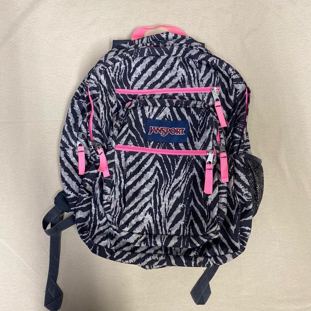 Jansport Womens Backpack Gray Animal Print Zebra Adjustable Zipper Pockets